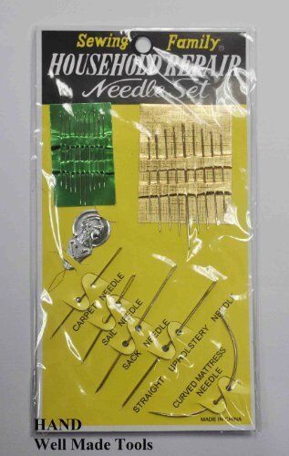25 piece sewing needle set displayed on a fabric background.