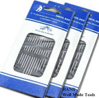 Two packs of self threading needles displayed with sizes indicated.