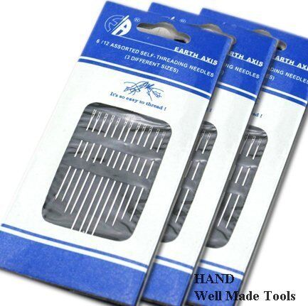 Two packs of self threading needles displayed with sizes indicated.