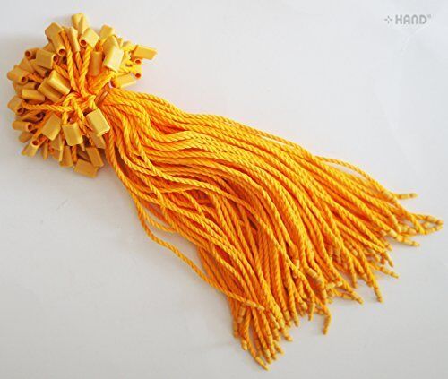Close-up of orange hang tag strings with round snap locks.