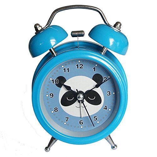 Silent children's twin bell alarm clock in panda blue design.