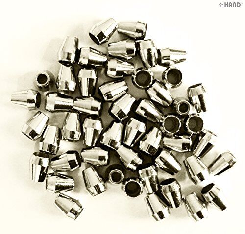 Close-up of metallic silver tone cord fastener ends for crafts.