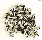 Close-up of metallic silver tone cord fastener ends for crafts.