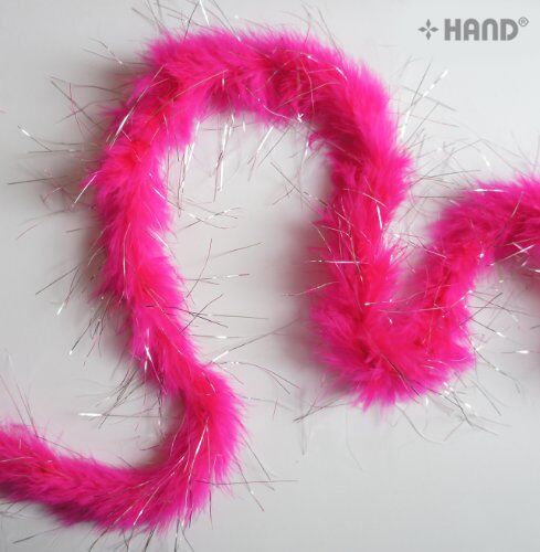 Close-up of the hot pink feathers and silver trim on the garland.