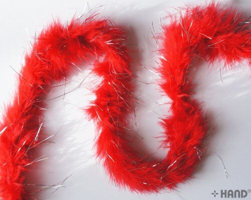 Close-up of the silver trim on the fierce red feather garland.