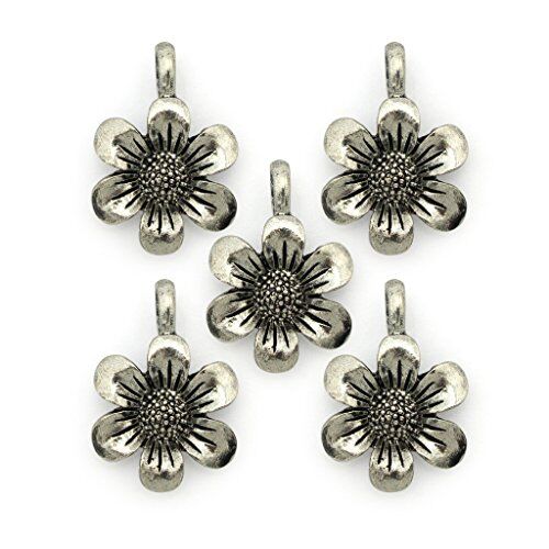 Five silver metal flower pendants on a white background.