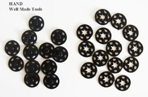 Close-up of 15mm black plastic clip buttons in a pack of 50.