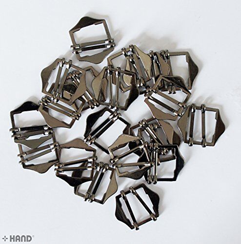 Close-up of a gunmetal tone shoe handbag buckle, size 2.