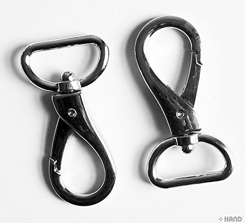 Close-up of a silver tone swivel hook buckle measuring 60 x 35 mm.