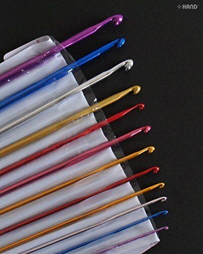 Set of 12 multicoloured aluminium crochet hooks displayed
