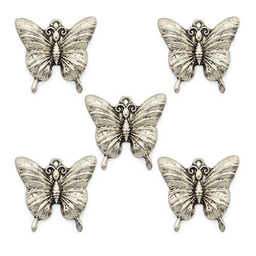 Five silver colour butterfly pendants for jewellery making