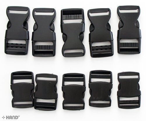 Pack of 10 black plastic quick release buckles displayed