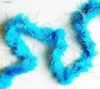 Close-up of the silver trim on the sea blue feather garland.