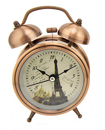 Eiffel Tower vintage alarm clock with copper tone finish.