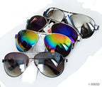 Close-up of iridescent mirror lens on aviator sunglasses