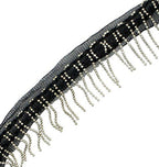 Black mesh ribbon with metal beaded fringe displayed on a roll.