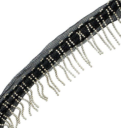 Black mesh ribbon with metal beaded fringe displayed on a roll.