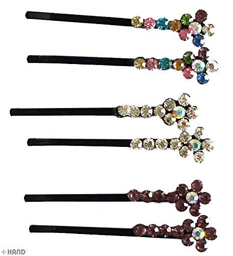 CHP Beautiful Shiny Diamante Crystal Assorted Designs and Colours Hair Pins for All Ages - Pack of 3 Pairs (CHP01)