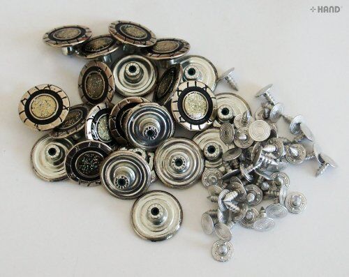 Display of jeans buttons in a pack, ideal for crafting and sewing.