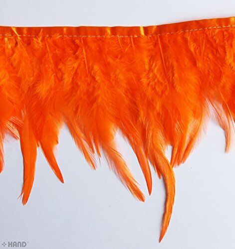 Close-up of orange natural rooster feather fringe trim.