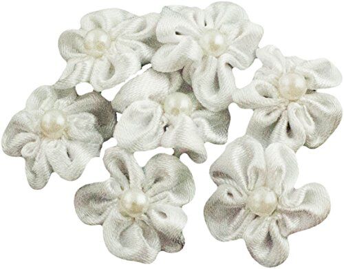 White satin flower sew on trims with bead centres in a pack of 20.