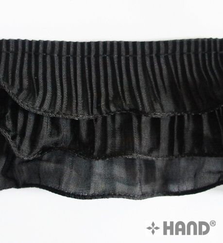 5 metres of black nylon frill ruffle elastic trim on a measuring tape.