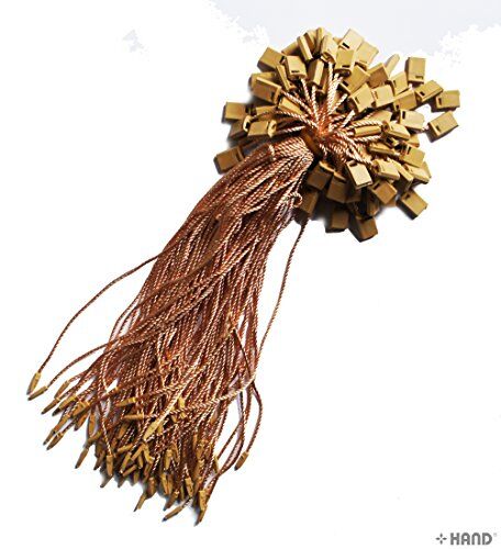 Caramel snap lock hang tags displayed in a neat arrangement.