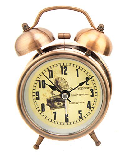 Vintage gramophone alarm clock in stylish copper tone finish.