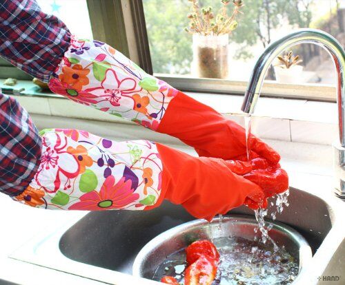 Gloves shown in use for cleaning tasks around the home