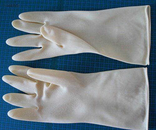 Close-up of thick and strong rubber gloves for household use.