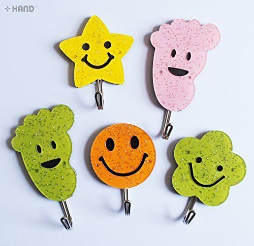Assorted shapes of self adhesive hooks in vibrant colours.