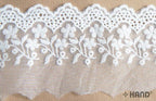 Close-up of white lace trim showcasing intricate design.
