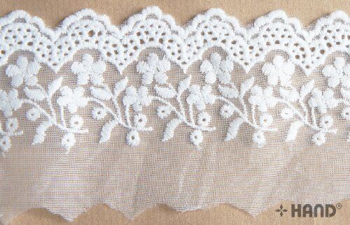 Close-up of white lace trim showcasing intricate design.