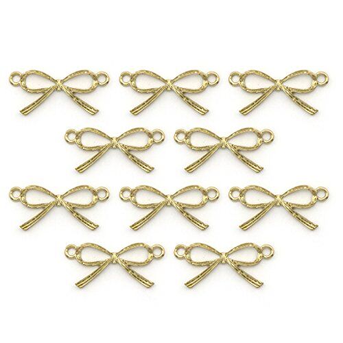 Gold colour ribbon bow pendant on a white background.