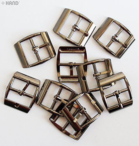 Five pairs of gunmetal tone buckles displayed together