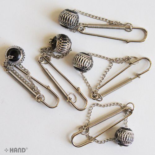 Set of 10 silver kilt pins with textured bead and chain