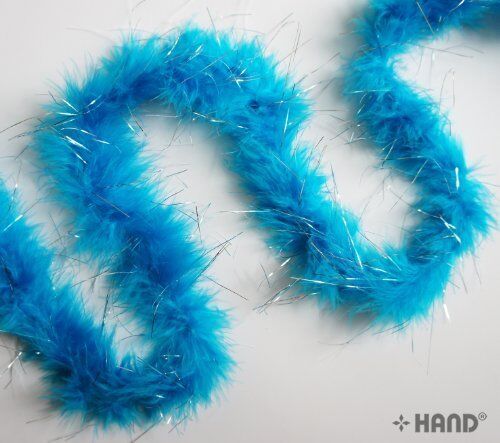 Close-up of the electric blue feathers and silver trim on the garland.