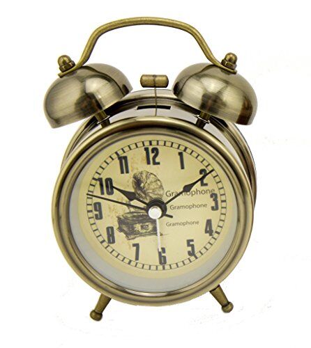 Vintage gramophone alarm clock in metallic finish.