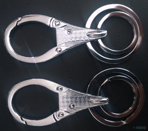 Close-up of the detailed design on the metal key rings.