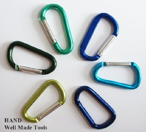Set of 6 carabiner spring snap link hooks in various colours.