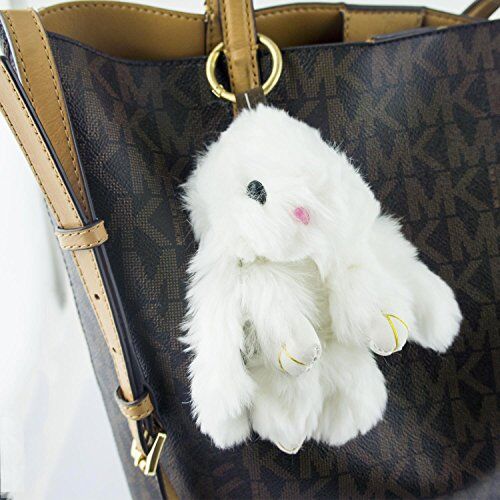 Grey fluffy bunny rabbit charm displayed with other keyrings