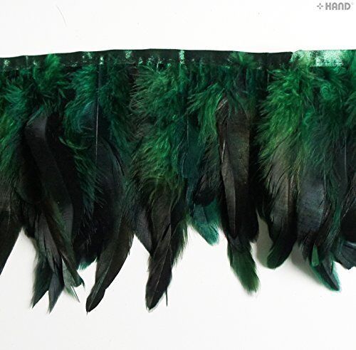 Close-up of emerald green rooster feathers stitched onto a trim.