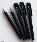Set of five F-16 fine point black ink pens arranged neatly.