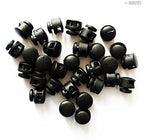 Pack of 30 black plastic round toggle spring stop cord locks displayed.