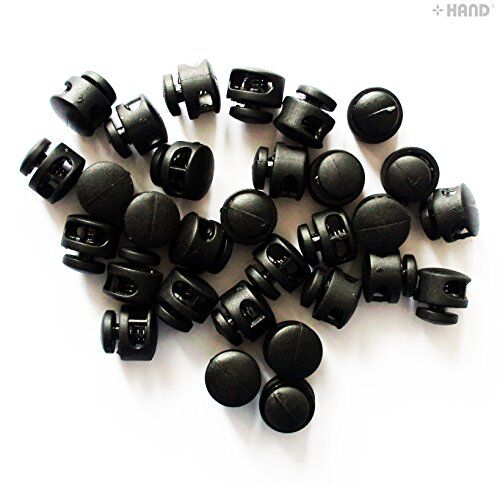 Pack of 30 black plastic round toggle spring stop cord locks displayed.