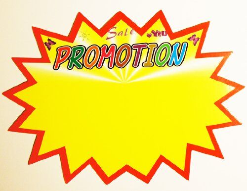 Large sales promotional card displaying prices and messages.