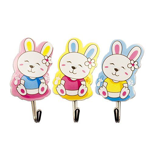 Three colourful baby bunny rabbit adhesive hooks for nursery use.
