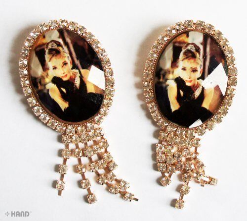 Two retro elegant brooches with a photo and clear crystals.