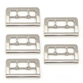 Five silver metal double lock belt buckles on a white background.