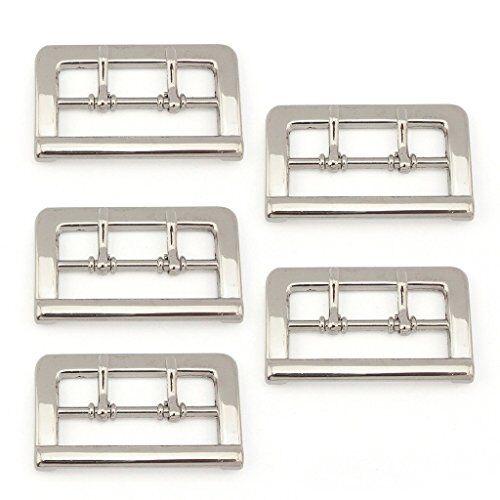 Five silver metal double lock belt buckles on a white background.